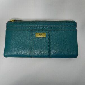 Fossil Ella Leather teal blue clutch Wallet Organizer credit cards i.d. zip pkt